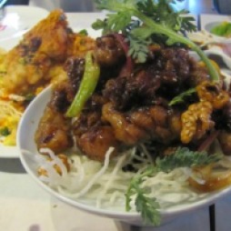 Spicy Bang Bang Chicken steamed chinese pancakes, celery, lap cheung, king mushrooms, preserved radish, jicama, tofu & green beans